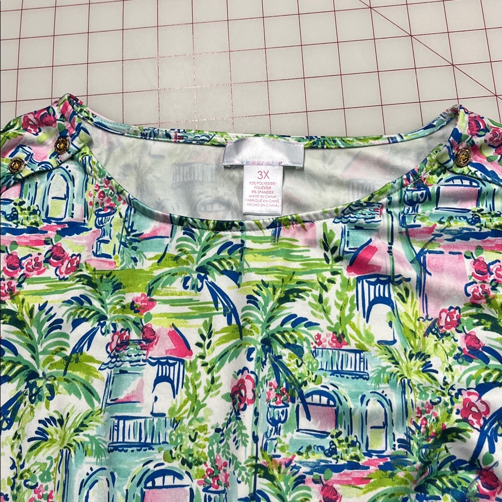 STELLA PARKER Cruise Summer Party Gold Buttons Stretch Tropical Print Sheath 3X - Picture 9 of 16